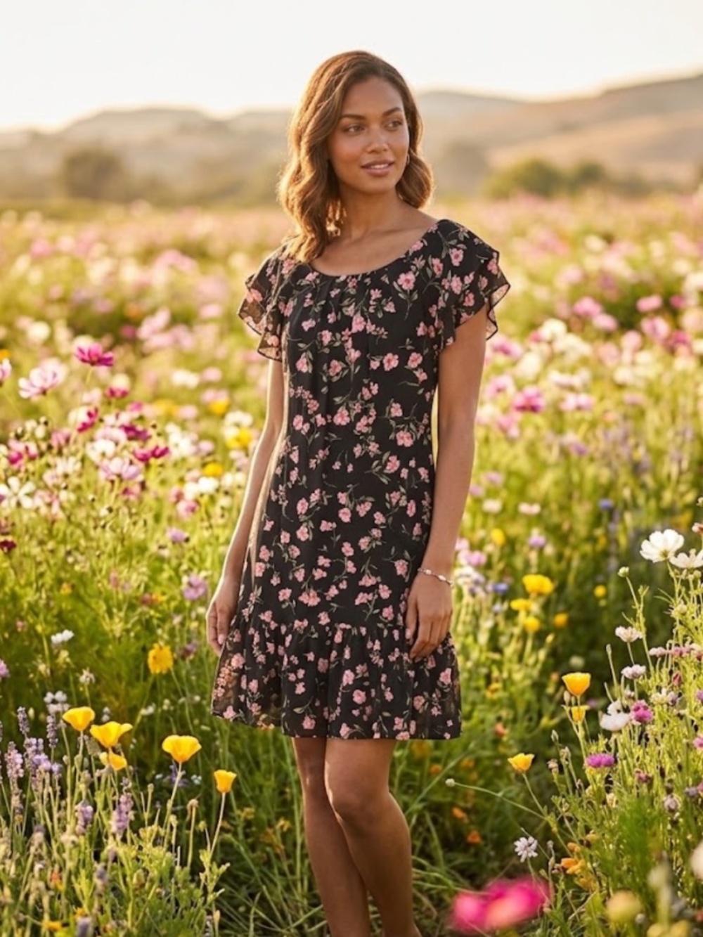 CeCe Black Floral Ruffle Hem Short Ruffle Cap Sleeve Dress Womens Size Small